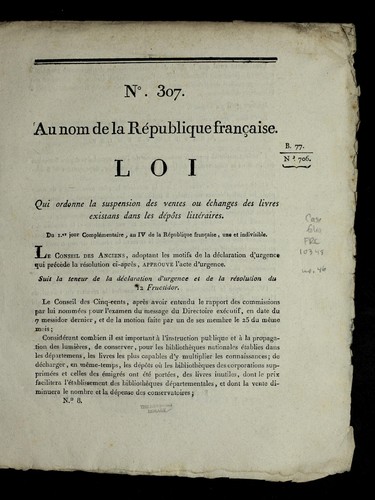 Loi qui ordonne la suspension des ventes ou e changes des livres existans dans les de po ts litte raires
