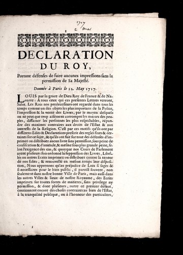 Declaration du roy, portant de fenses de faire aucunes impressions sans la permission de Sa Majeste by France cover