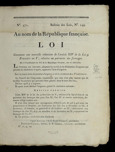Loi contenant une nouvelle re daction de l'article XIV de la loi [du] 9 fructidor an V, relative au paiement des fermages by France cover