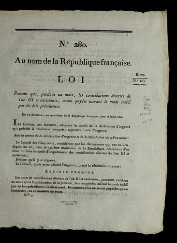 Loi portant que, pendant un mois, les contributions directes de l'an III et ante rieurs, seront paye es suivant le mode e tabli par les lois pre ce dentes by France cover