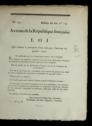 Loi qui ordonne la perception d'une taxe pour l'entretien des grandes routes