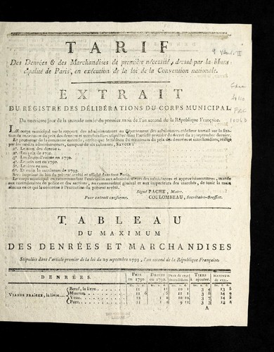Tarif des denre es & des marchandises de premi`ere ne cessite by Paris (France) cover