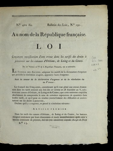 Loi contenant rectification d'une erreur dans les tarifs des droits a   percevoir sur les canaux d'Orle ans, de Loing et du Centre