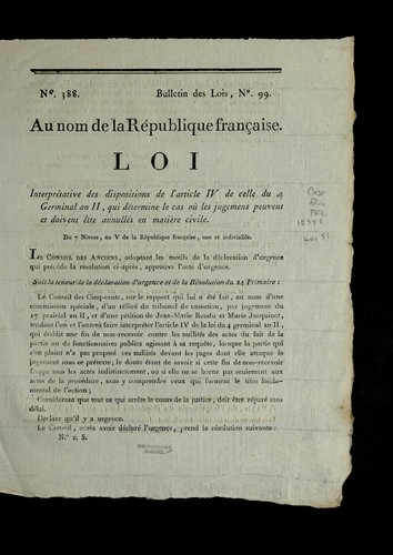 Loi interpre tative des dispositions de l'article IV de celle du 4 germinal an II, qui de termine le cas ou   les jugemens peuvent et doivent e tte [i.e. etre] annulle s en matie  re civile by France cover