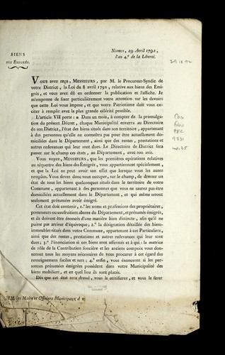 [Circular letter on refugee property in Gard, France] by Gard (France) cover