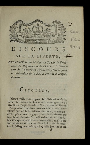 Discours sur la liberte by Yonne (France) cover