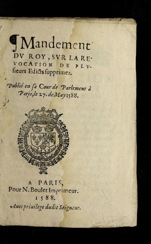 Mandement dv Roy, svr la revocation de plvsieurs edicts supprimez by France cover