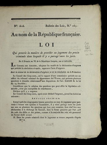 Loi qui prescrit la manie  re de proce der au jugement des proce  s criminels dans lesquels il y a partage entre les jure s by France cover