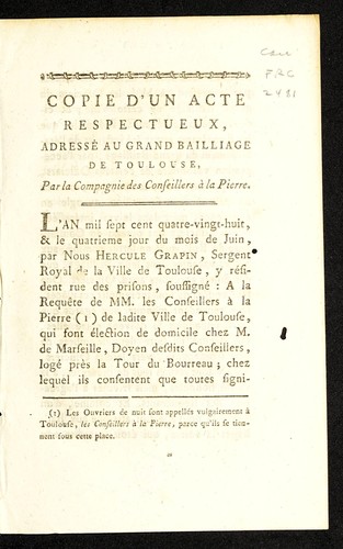Copie d'un acte respectueux adresse  au grand bailliage de Toulouse by Toulouse (France) cover