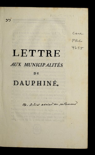Lettre aux municipalite s de Dauphine . by Dauphine  (France) cover