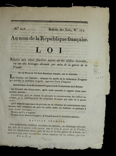 Loi relative aux rentes foncie  res assises sur des e difices incendie s, ou sur des he ritages de vaste s par suite de la guerre de la Vende e by France cover