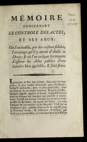 Me moire concernant le controle des actes, et ses abus