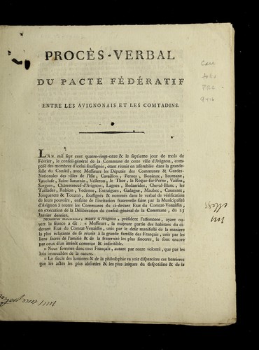 Proc`es-verbal du pacte fe de ratif entre les Avignonais et les Comtadins by Avignon (France) cover