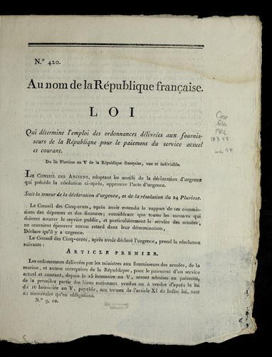 Loi qui de termine l'emploi des ordonnances de livre es aux fournisseurs de la Re publiqne [i.e. Re publique] pour le paiement du service actuel et courant