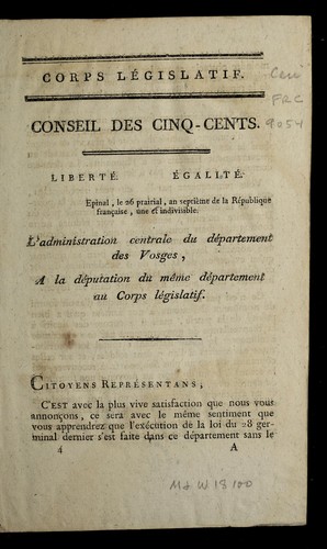 L'administration centrale du de partement des Vosges, a la de putation du m^eme de partement au Corps le gislatif by Vosges (France) cover
