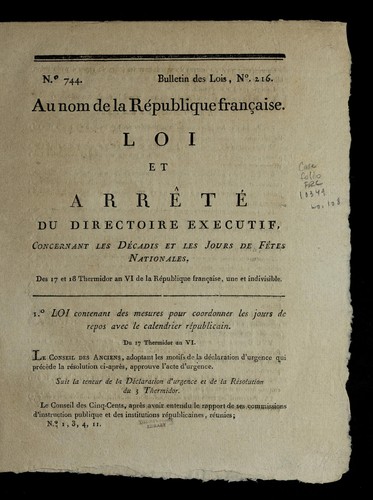 Loi et arre te  du Directoire executif, concernant les de cadis et les jours de fe tes nationales by France cover