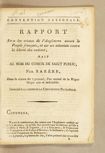 Rapport sur les crimes de l'Angleterre envers le peuple français, et sur ses attentats contre la liberté des nations by B. Barère cover