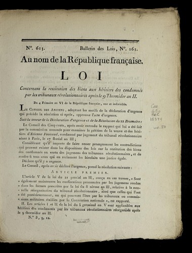 Loi concernant la restitution des biens aux he ritiers des condamne s par les tribunaux re volutionnaires apre  s le 9 thermidor an II by France cover