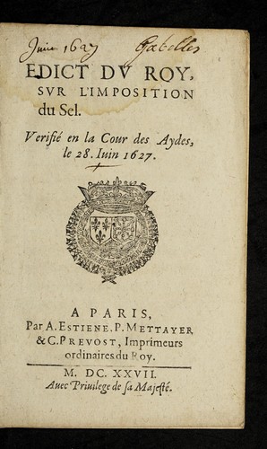 Edict dv Roy, svr l'imposition du sel by France cover