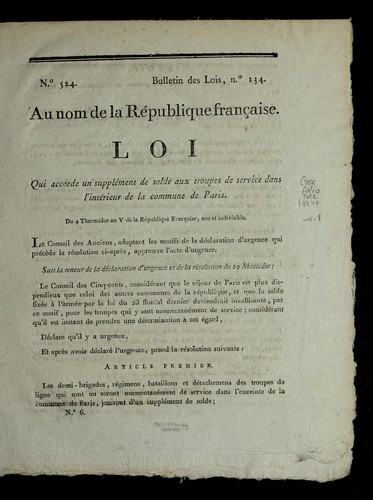 Loi qui accorde un supple ment de solde aux troupes de service dans l'inte rieur de la commune de Paris by France cover