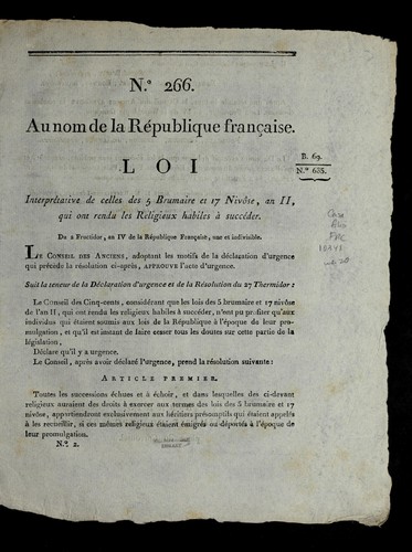 Loi interpre tative de celles des 5 brumaire et 17 nivo se, an II, qui ont rendu les religieux habiles a   succe der by France cover