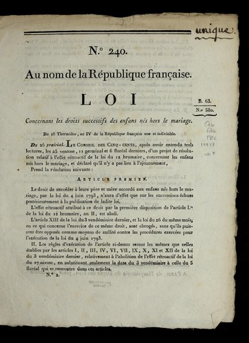 Loi concernant les droits successifs des enfans ne s hors le mariage by France cover