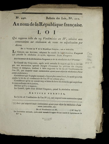 Loi qui rapporte celle du 25 vende miaire an IV, relative aux contestations sur re siliations de vente ou adjudication par de cret by France cover