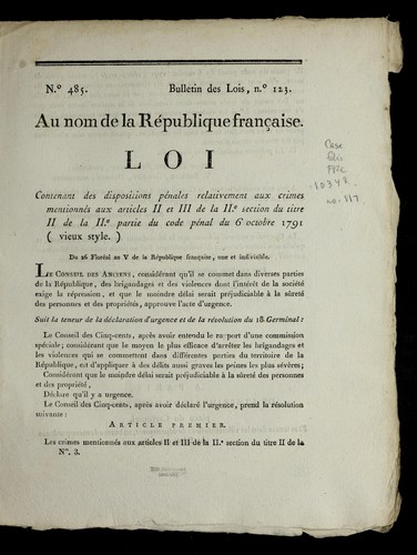 Loi contenant des dispositions pe nales relativement aux crimes mentionne s aux articles II et III de la IIe. section du titre II de la IIe. partie du code pe nal du 6 octobre 1791 (vieux style) by France cover