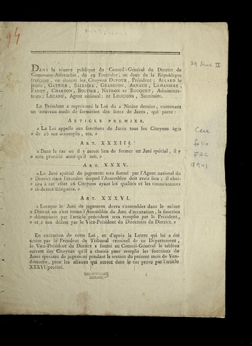 Dans la se ance publique du conseil-ge ne ral du district de Commune-Affranchie [i.e. Lyon], du 29 fructidor, an deux de la Re publique franc ʹaise [15 septembre 1794] ... by Lyon (France) cover