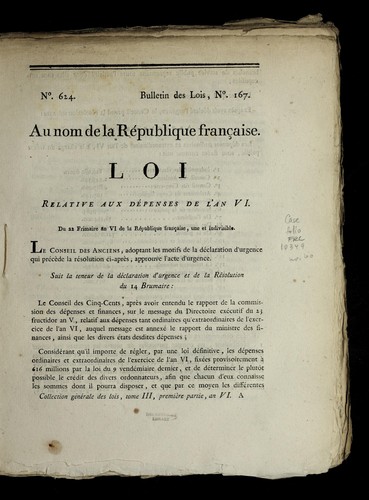 Loi relative aux de penses de l'an VI by France cover