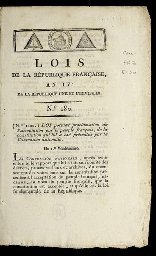 Lois de la Re publique franc ʹaise, an IV.e de la Republique une et indivisible