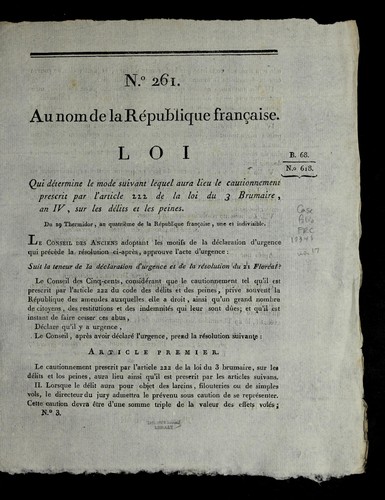 Loi qui de termine le mode suivant lequel aura lieu le cautionnement prescrit par l'article 222 de la loi du 3 brumaire, an IV, sur les de lits et les peines by France cover