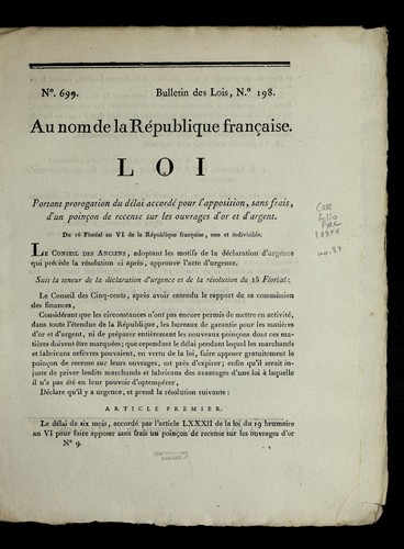 Loi portant prorogation du de lai accorde  pour l'apposition, sans frais, d'un poinc ʹon de recense sur les ouvrages d'or et d'argent by France cover