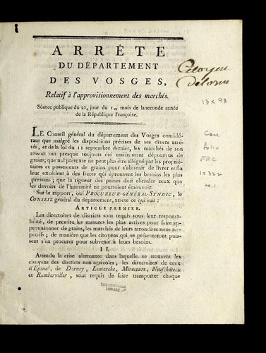 Arre te  du de partement des Vosges, relatif a   l'approvisionnement des marche s