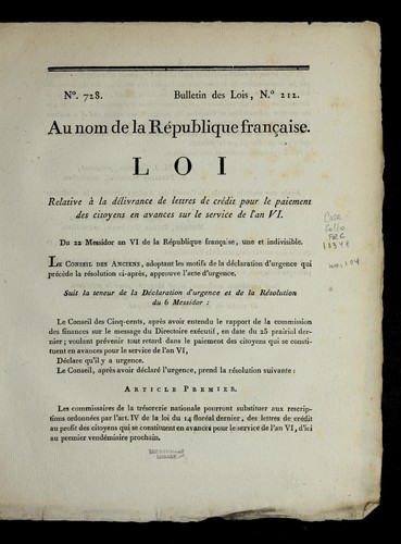 Loi relative a   la de livrance de lettres de cre dit pour le paiement des citoyens en avances sur le service de l'an VI by France cover
