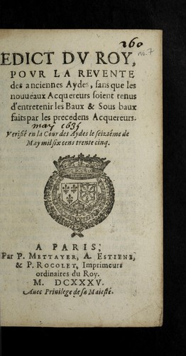 Edict du roy, pour la reuente des anciennes aydes by France cover