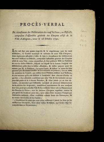 Proc`es-verbal du re censement des de libe rations by Avignon (France) cover