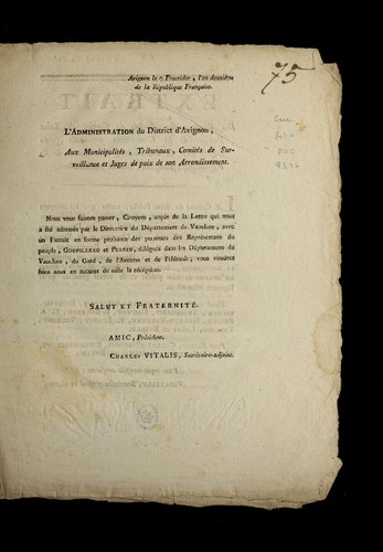 ... L'administration du district d'Avignon, aux municipalite s, tribunaux, comite s de surveillance et juges de paix de son arrondissement by Avignon (France) cover