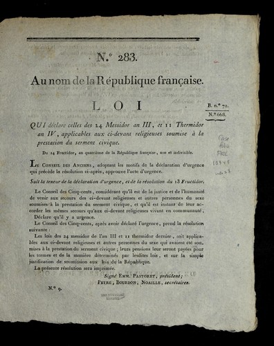Loi qui de clare celles des 24 messidor an III, et 11 thermidor an IV, applicables aux ci-devant religieuses soumise a   la prestation du serment civique by France cover