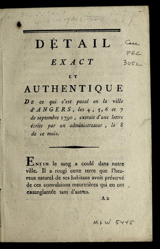 De tail exact et authentique de ce qui s'est passe  en la ville d'Angers, les 4, 5, 6 et 7 de septembre 1790 by Angers (France) cover