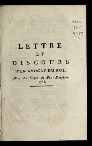 Lettre et discours d'un avocat du roi by Dauphine  (France) cover