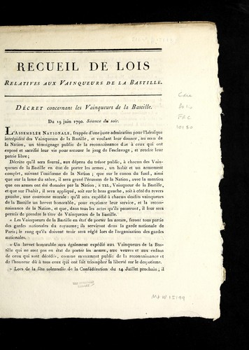 Recueil de lois relatives aux vainqueurs de la Bastille by France cover