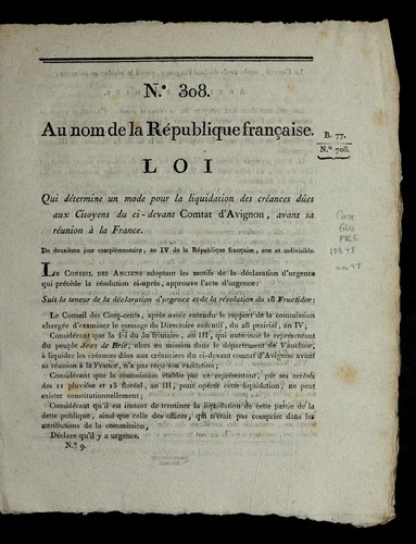 Loi qui de termine un mode pour la liquidation des cre ances du es aux citoyens du ci-devant Comtat d'Avignon, avant sa re union a   la France by France cover