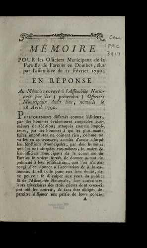 Me moire pour les officiers municipaux de la paroisse de Fareins en Dombes by Fareins (France) cover
