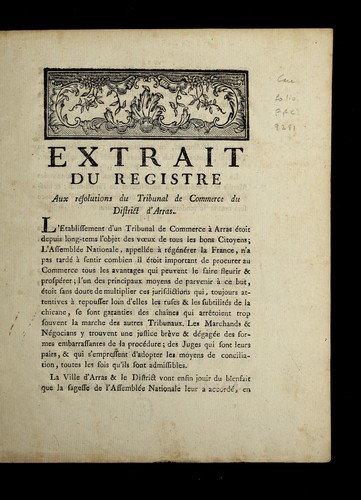 Extrait du registre aux re solutions du Tribunal de commerce du district d'Arras by Arras (France) cover