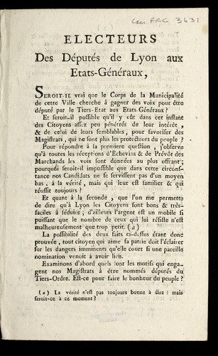 Electeurs des de pute s de Lyon aux Etats-ge ne raux by Lyon (France) cover