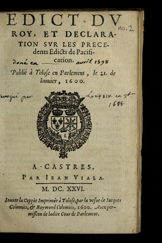 Edict du roy, et declaration sur les precedents edicts de pacification by France cover