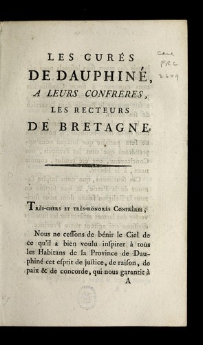 Les cure s de Dauphine  a leurs confreres les recteurs de Bretagne by Dauphine  (France) cover