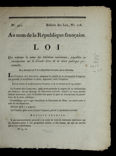 Loi qui ordonne la vente des ba timens nationaux, payables en inscriptions sur le grand-livre de la dette publique personnelle by France cover