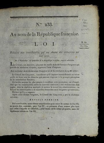 Loi relative aux contribuables qui ont obtenu des re ductions sur leur taxe by France cover
